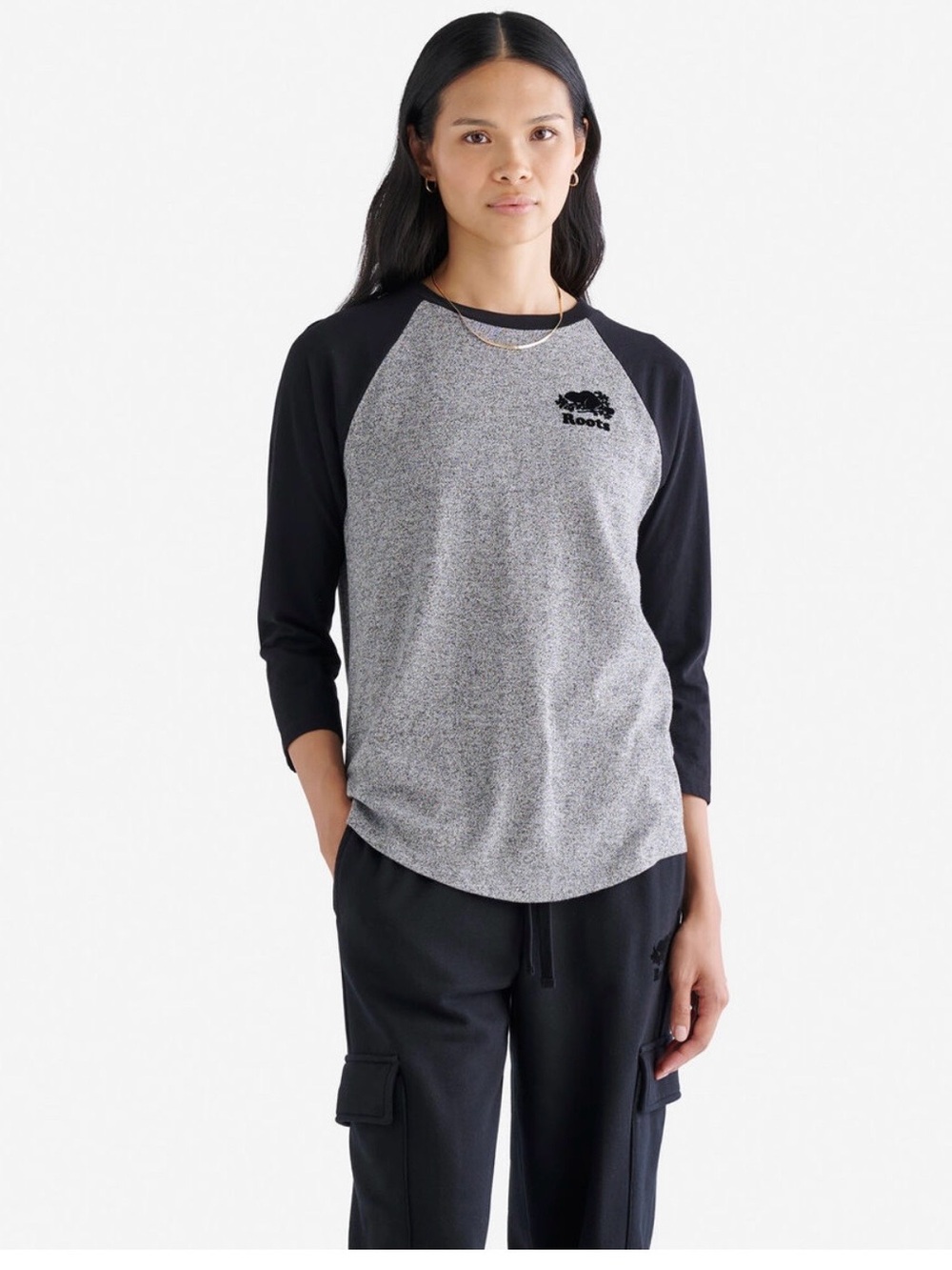 Roots Women's Long Sleeve Raglan Tee in Gray and Black